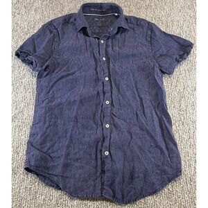 Porter & Ash Mens Linen Short Sleeve Button Front Shirt Size Small Navy Blue
